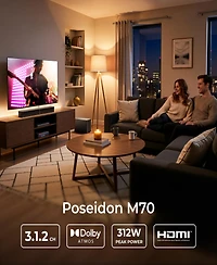 Ultimea Poseidon M70 3.1.2ch Dolby Atmos Sound Bar with Wireless Subwoofer,2 Up-Firing Drivers,312W Peak Power BassMX, Hdmi eARC