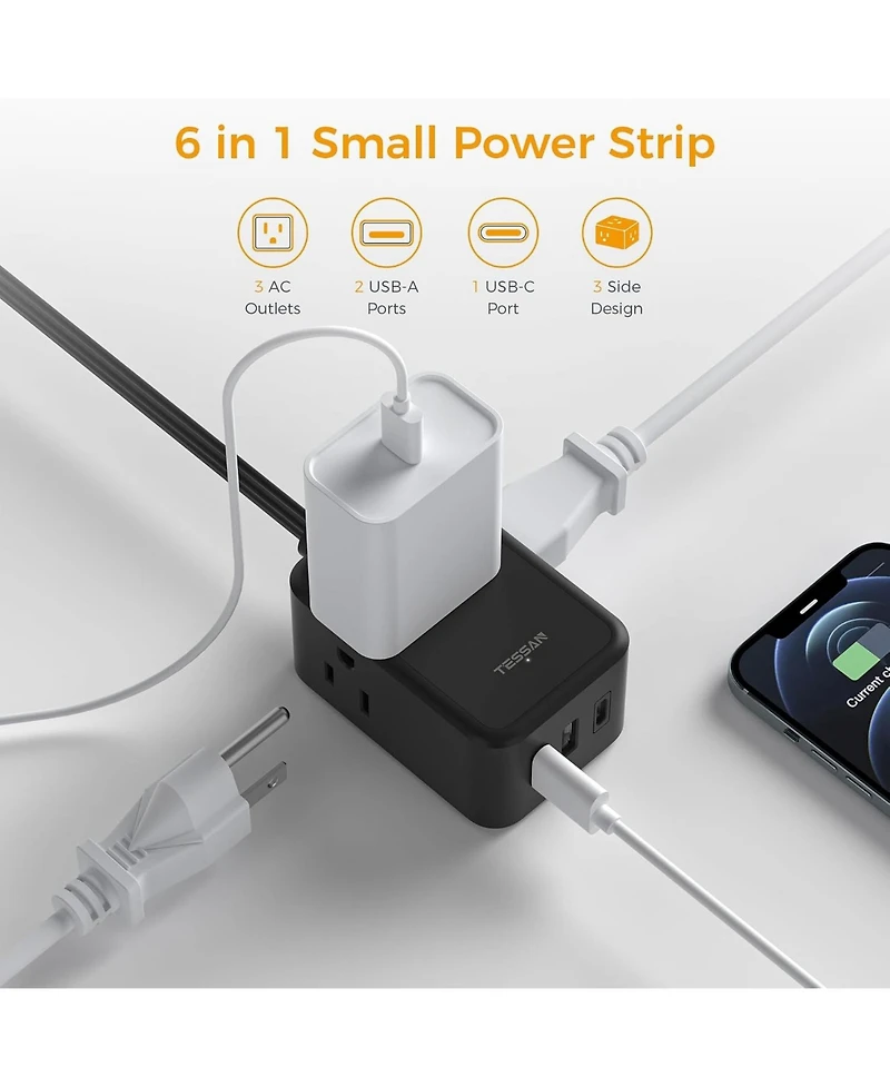 Tessan 5-Foot Flat-Plug Travel Power Strip with 3 Ac Outlets and 3 Usb Ports, Compatible with Most Usb Devices