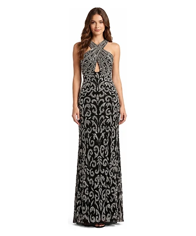 Lara Plus Beaded Halter Front-Slit Dress