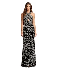 Lara Plus Beaded Halter Front-Slit Dress