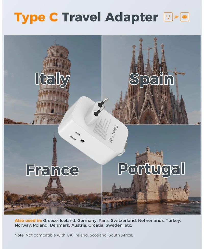 Tessan European Travel Plug Adapter with Retractable Usb-c Cable, 2-Piece Set