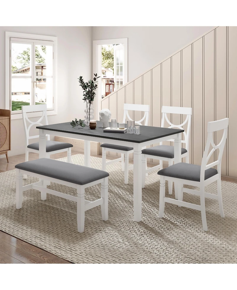 Boyel Living 6-Piece Wood Dining Table Set Kitchen Table Set with Upholstered Bench and 4 Dining Chairs, Farmhouse Style