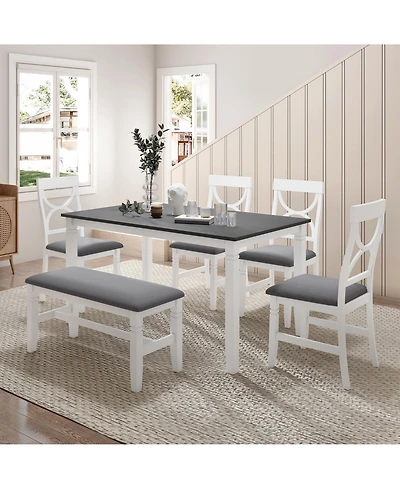 Boyel Living 6-Piece Wood Dining Table Set Kitchen Table Set with Upholstered Bench and 4 Dining Chairs, Farmhouse Style