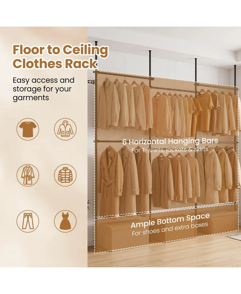 Hongge Floor to Ceiling Clothes Rack with Six Telescoping Hanging Bars
