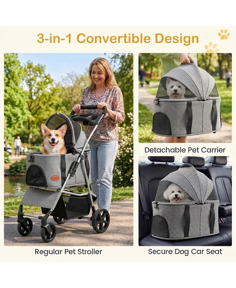 Hongge Compact 3-in-1 Pet Stroller Featuring a Detachable Carrier