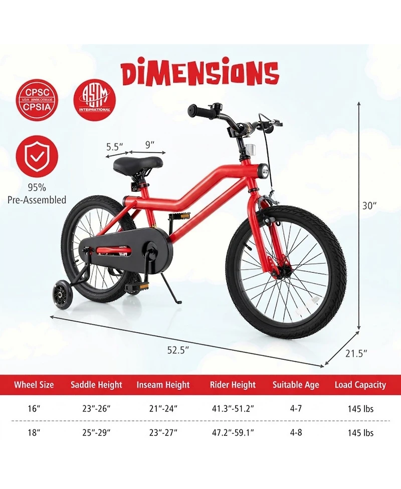 Hongge 18-Inch 7-Color Led Frame Kids' Bike with Training Wheels and Dual Brakes, 145 Lbs. Capacity, Ages 4-8