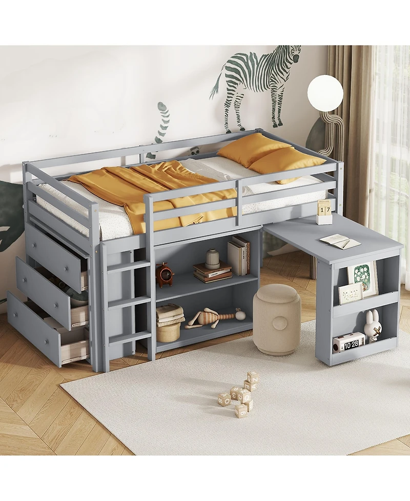Sailvan Twin Loft Bed with Drawer Cabinet, Shelf Cabinet and Pulling Out Desk, Guardrail ,Ladder