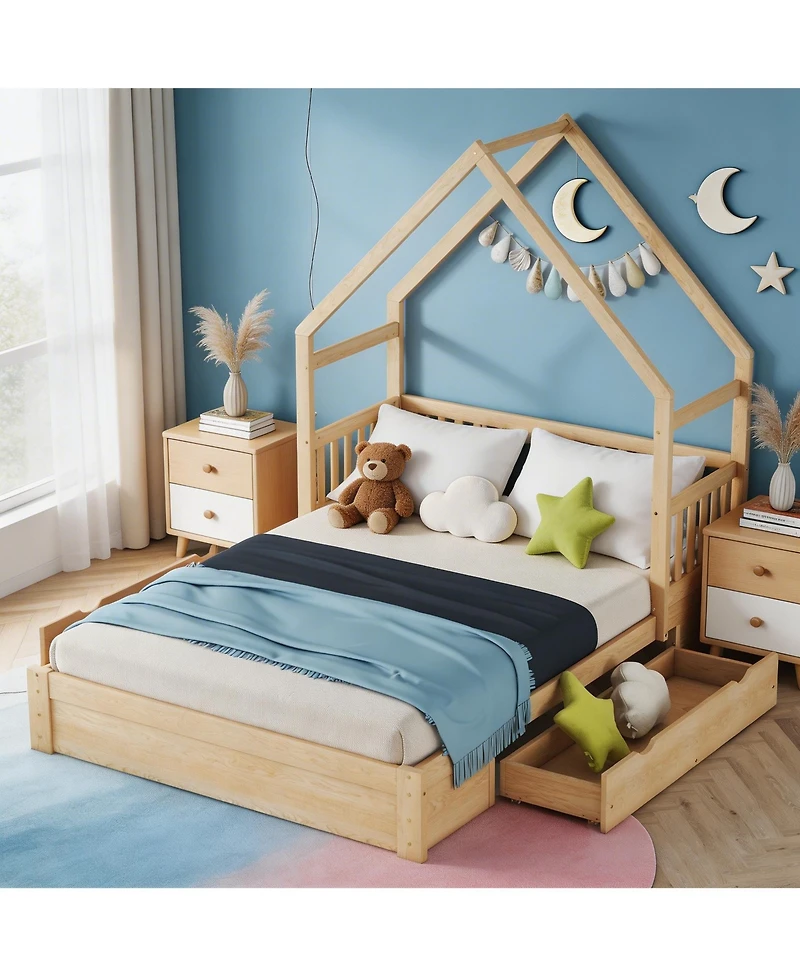 Sailvan Queen Wood House Platform Bed with Guardrail and 2 Storage Drawers