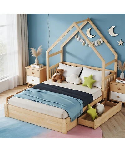 Sailvan Queen Wood House Platform Bed with Guardrail and 2 Storage Drawers