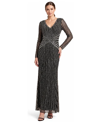 Lara Women's Long-Sleeve Beaded V-Neck Gown