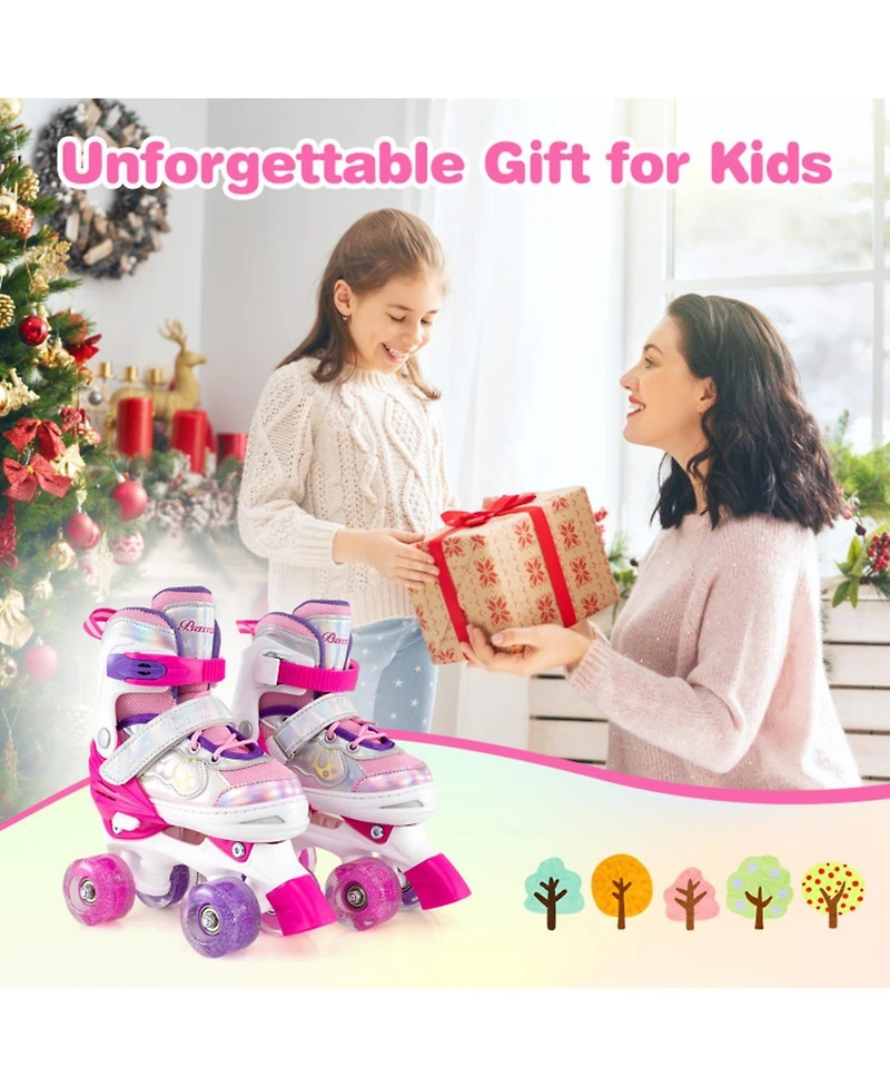Hongge 4-Size Adjustable Kids Quad Roller Skates with Light-Up Wheels, Ages 5-8