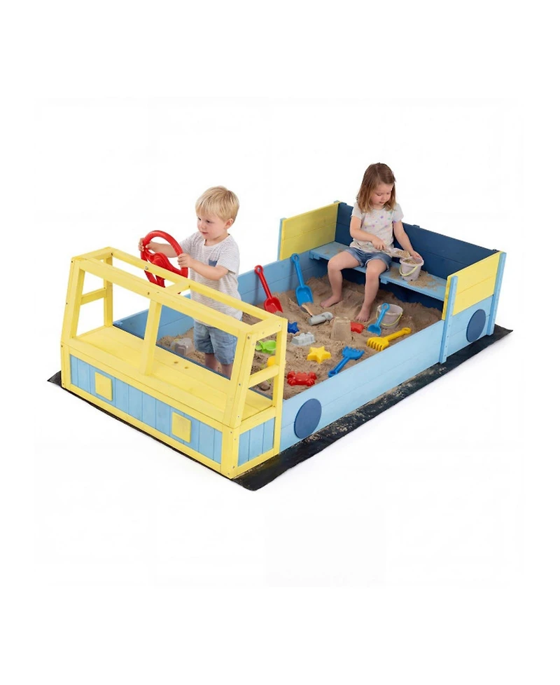 Hongge Fire Truck Wooden Sandbox, 63" x 34" x 23", Foldable Bottom Liner, Seats 2, Ages 18 Months+