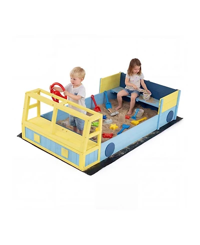 Hongge Fire Truck Wooden Sandbox, 63" x 34" x 23", Foldable Bottom Liner, Seats 2, Ages 18 Months+