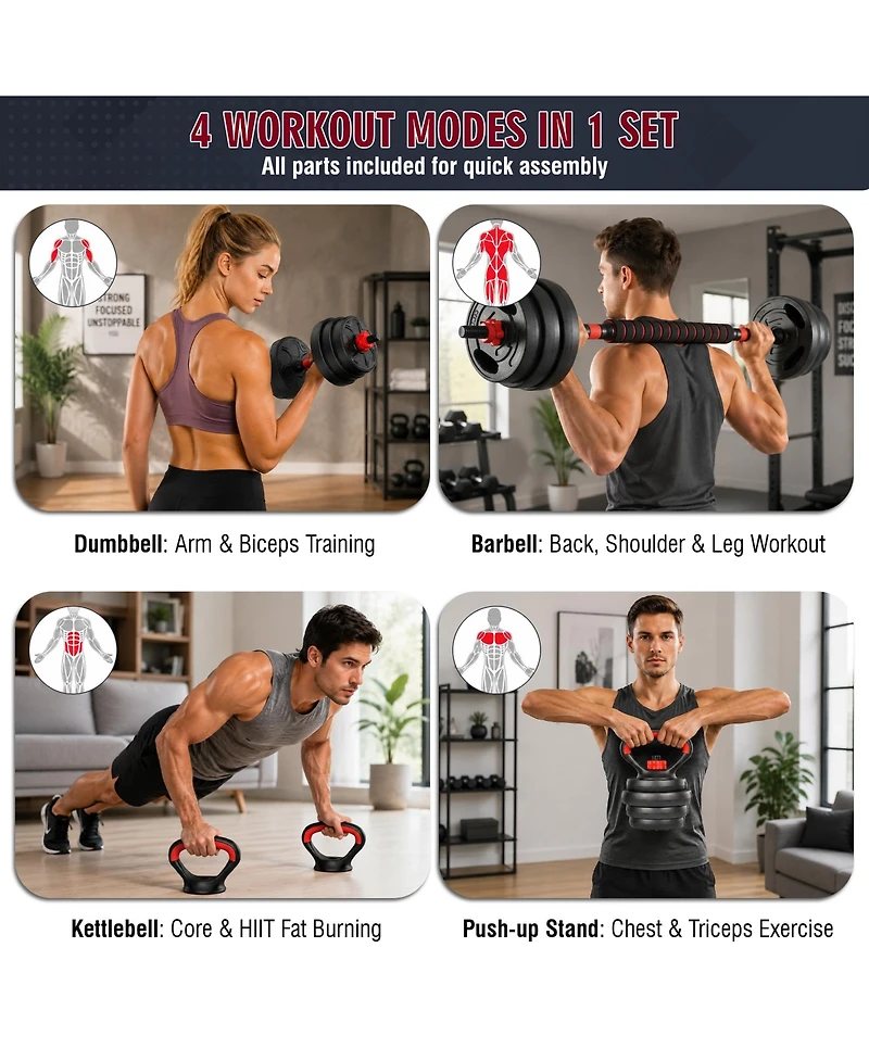 Zeny 66LB Adjustable Dumbbell Set, 4-in-1 Convertible Weights, Dumbbells, Barbell, Kettlebells for Home Gym Workouts