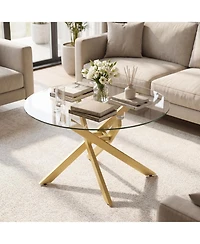Costway 31.5" Glass Coffee Table with Tempered Top and Geometric Metal Frame