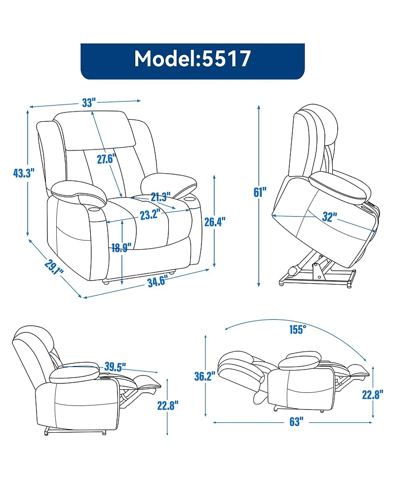 Streamdale Furniture Heavy Duty Chenille Power Lift Recliner with Massage and Heat