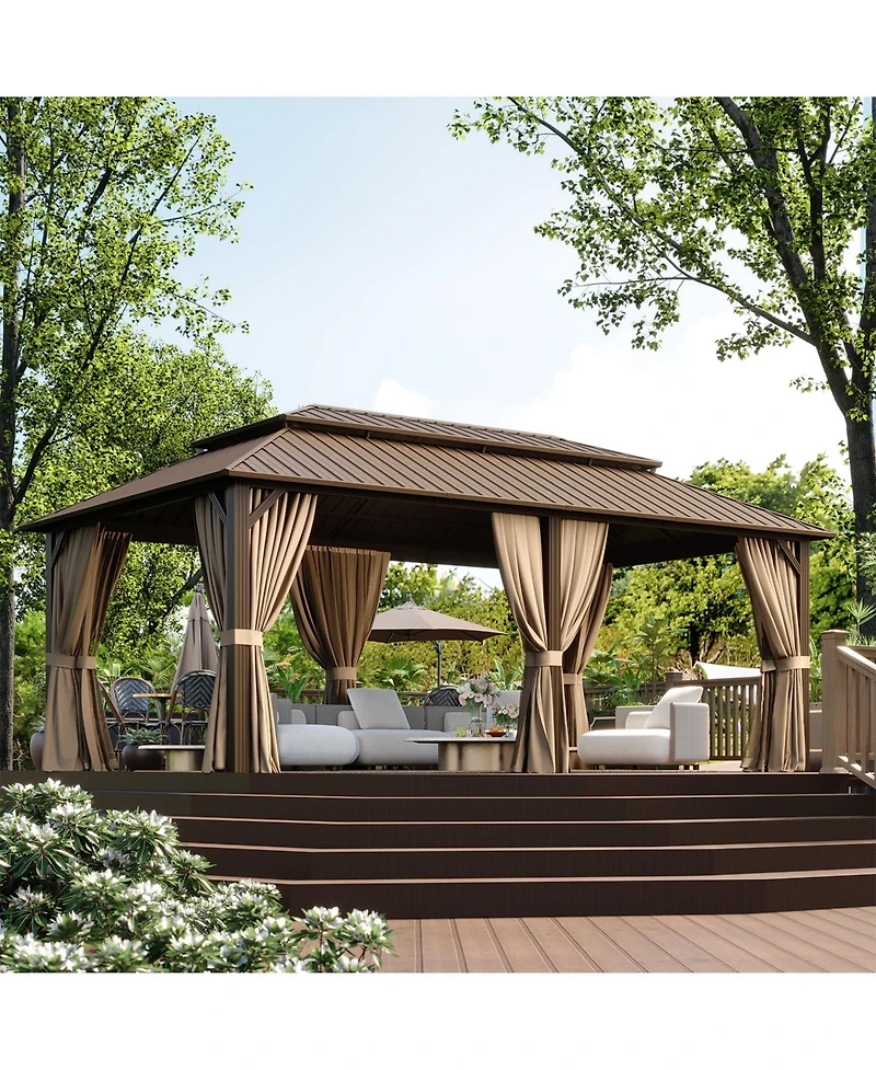 Aoxun Hardtop Gazebo with Double Galvanized Steel Roof, Metal Pavilion Netting and Privacy Curtain for Backyard
