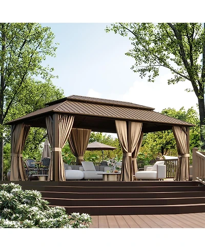Aoxun Hardtop Gazebo with Double Galvanized Steel Roof, Metal Pavilion Netting and Privacy Curtain for Backyard