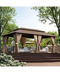 Aoxun Hardtop Gazebo with Double Galvanized Steel Roof, Metal Pavilion Netting and Privacy Curtain for Backyard