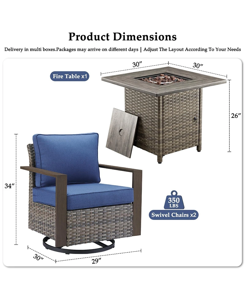 Pocassy 3 Pieces Patio Furniture Set with Fire Pit Table, Rattan Swivel Rocker Chairs Comfy Cushion