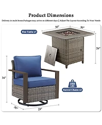 Pocassy 3 Pieces Patio Furniture Set with Fire Pit Table, Rattan Swivel Rocker Chairs Comfy Cushion