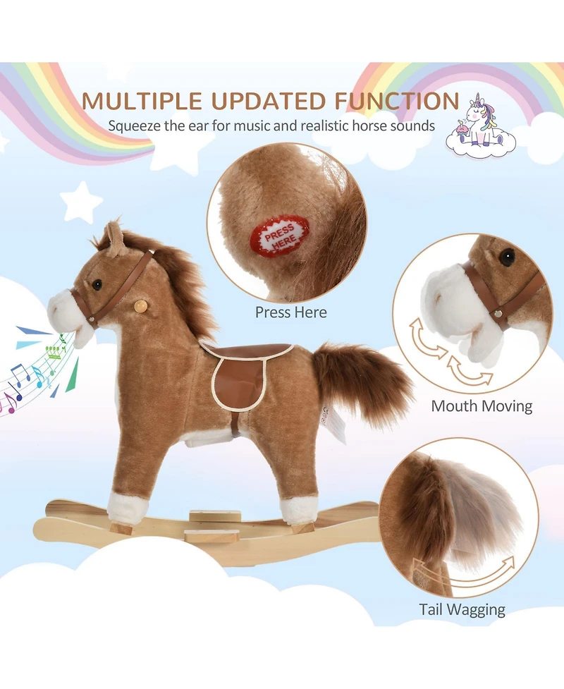 Glintex 12V Kids Electric Ride-On Horse with Sounds, Carrot Toy, Comb, Foot Pedal, Seat Storage, and Battery Power for Ages 1.5-3, Brown