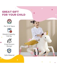 Glintex 12V Kids Electric Ride-On Horse with Sounds, Carrot Toy, Comb, Foot Pedal, Seat Storage, and Battery Power for Ages 1.5-3, Brown