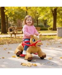 Glintex 12V Kids Electric Ride-On Horse with Sounds, Carrot Toy, Comb, Foot Pedal, Seat Storage, and Battery Power for Ages 1.5-3, Brown