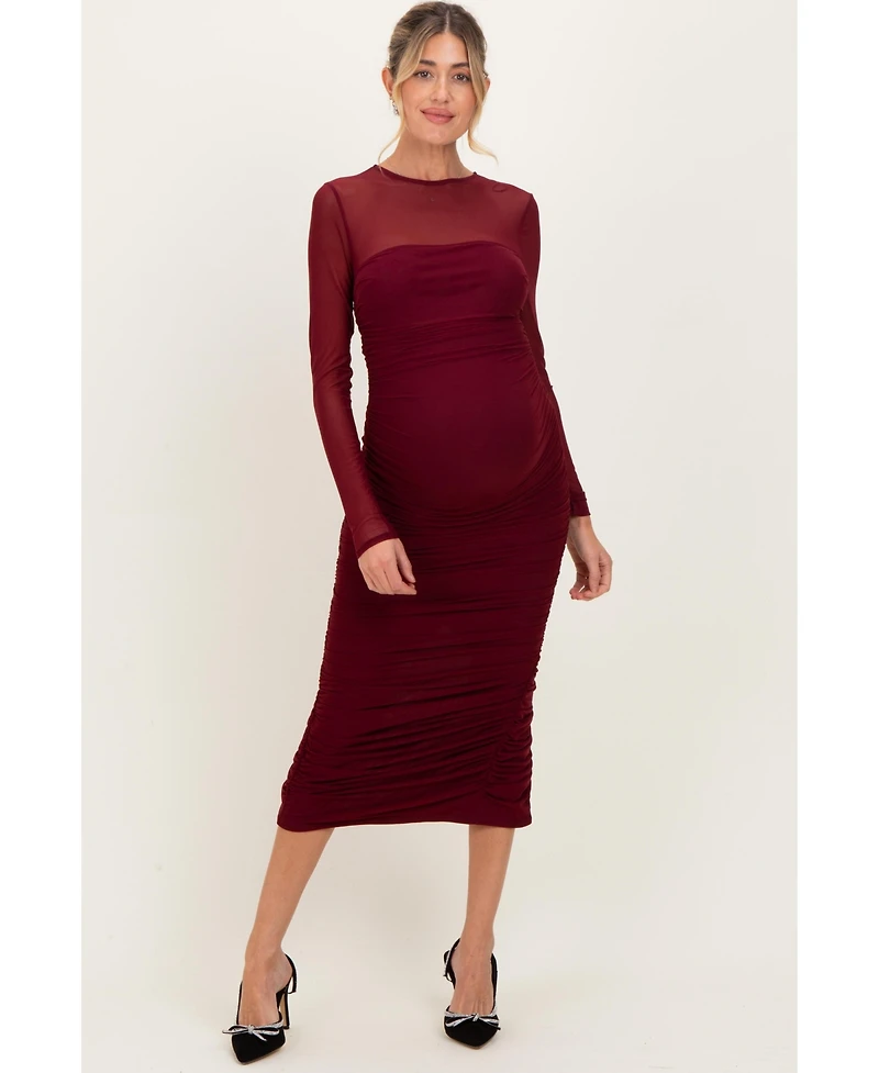 Pinkblush Women's Burgundy Mesh Ruched Long Sleeve Midi Dress