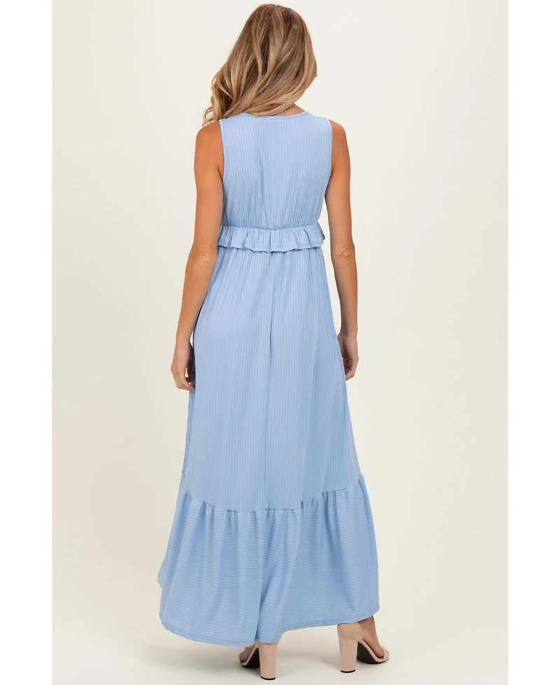 Pinkblush Women's Light Blue Ribbed Sleeveless V-Neck Ruffle Tiered Maxi Dress