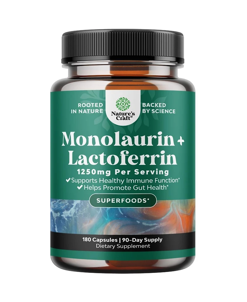 Nature's Craft Lactoferrin and Monolaurin Capsules | 250mg Lactoferrin and 1000mg Monolaurin | 180 Count