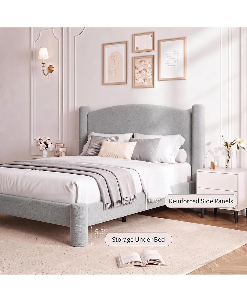 homfan Full Cloud Bed Round Boucle Headboard and Cylindrical Legs, Heavy Duty, No Box Spring, Easy Assembly