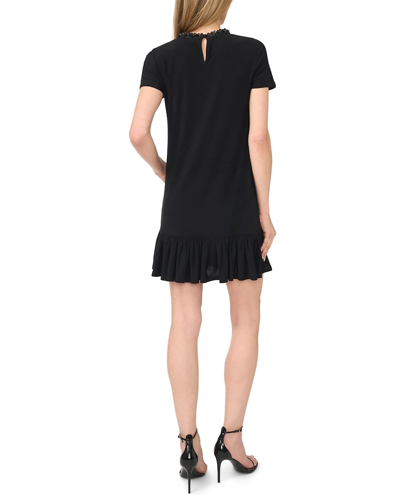 CeCe Women's Short-Sleeve Ruffle Hem Mini Dress with Sequin Neck Opening