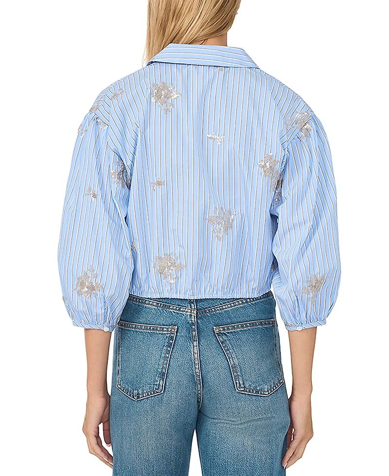 CeCe Women's Sequin Motif Balloon 3/4-Sleeve Tie-Hem Button-Down