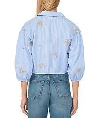 CeCe Women's Sequin Motif Balloon 3/4-Sleeve Tie-Hem Button-Down