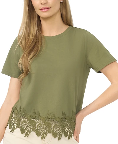 CeCe Women's Cropped Boxy Tee With Lace Trim T-Shirt