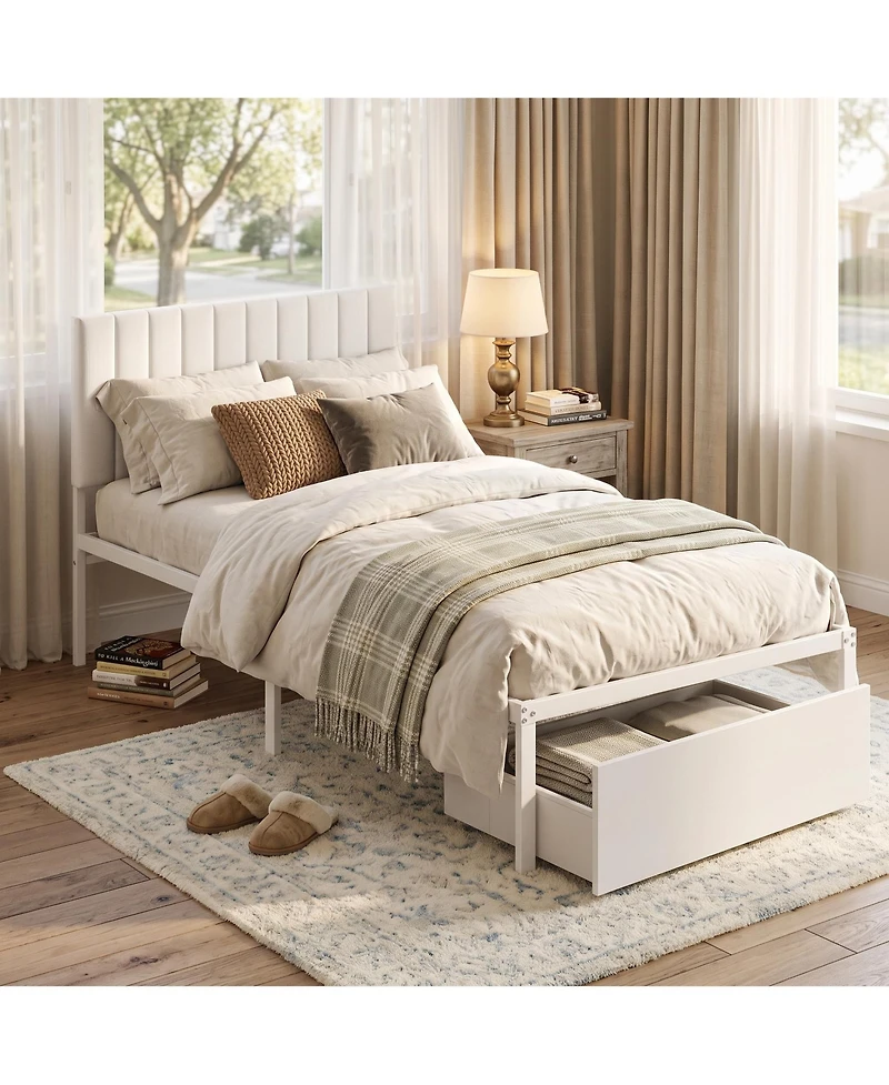 homfan Bed Frame with Upholstered Headboard, Adjustable Headboard Iron Platform Bed, No Box Spring Needed