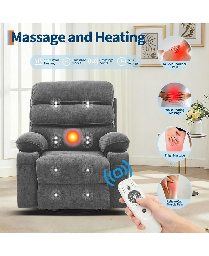 Swivel Glider Rocker Recliner With Massage and Heat, Manual Upholstered Nursing Recliner With Vibration, Side Pocket, 2 Cup Holders, For Living Room