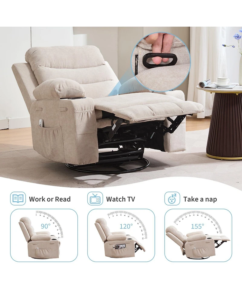 Oversized 360 Degree Swivel Glider Rocker Recliner Chair Equipped With Massage and Heat Functions, Idea For Living Room, Nursery, Bedroom