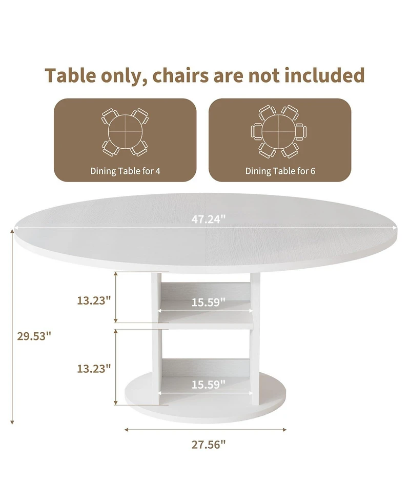 47.24 Inch Round Farmhouse Dining Table With 2 Tier Shelf, Seats 4 6 People, Wooden Frame, Sturdy Wood Base, Modern Circular Table For Kitchen