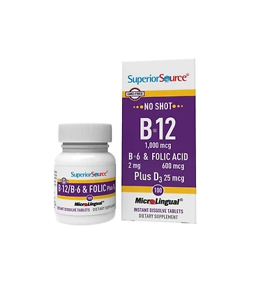 Superior Source No Shot Vitamin B 12 Cyanocobalamin 1000 mcg, B 6, Folic Acid and Vitamin D 3 1000 Iu 100 Sublingual Dissolving Tablets