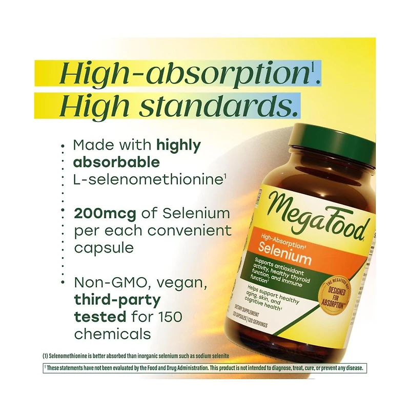 MegaFood High Absorption Selenium 200mcg Capsules, Thyroid and Antioxidant Support, 120 Ct