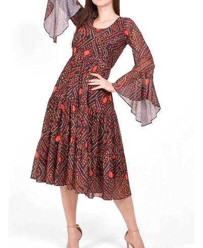 Raas Women's Bandhani Bell Sleeve Tiered Midi Dress