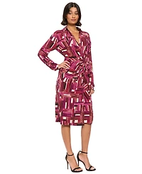 London Times Women's Ruched-Tie Side Waist Long-Sleeve Wrap Midi Dress