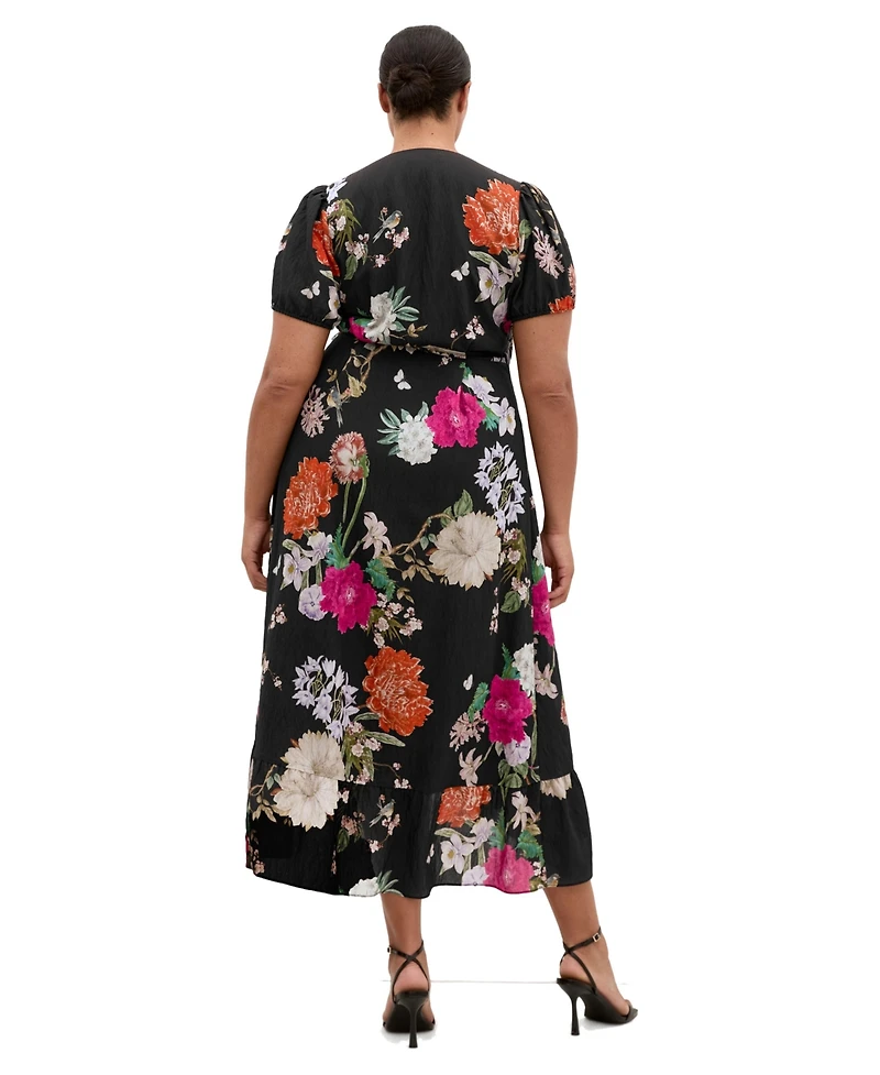 City Chic Plus Belle Floral-Print V-Neck Short-Sleeve Wrap Dress