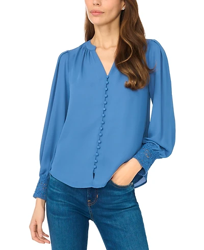 CeCe Women's Lace-Cuff Button-Front V-Neck Blouse