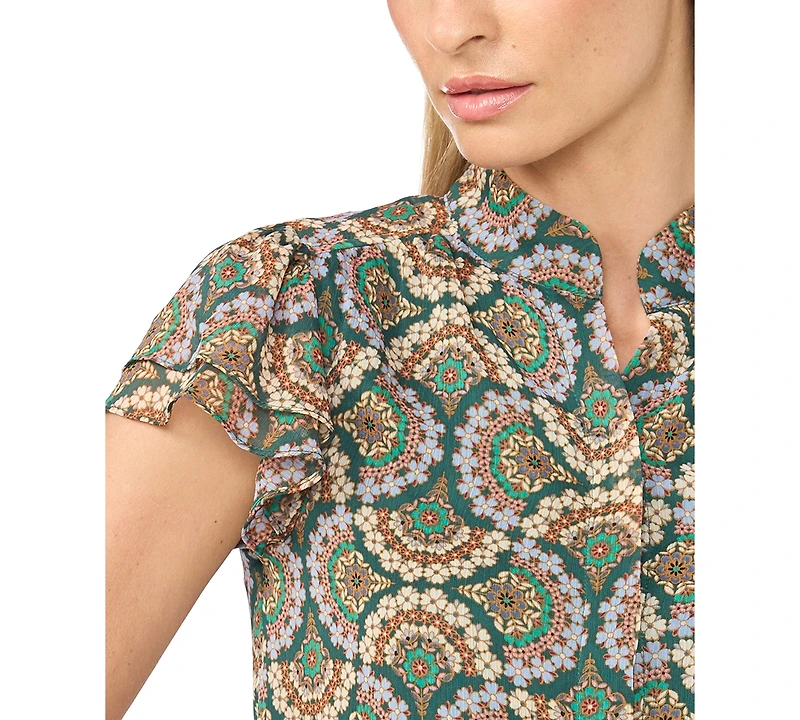 CeCe Women's Double-Flutter Collared Geometric-Print Blouse