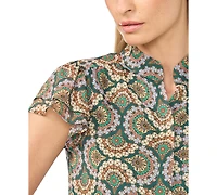 CeCe Women's Double-Flutter Collared Geometric-Print Blouse