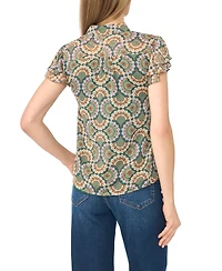 CeCe Women's Double-Flutter Collared Geometric-Print Blouse