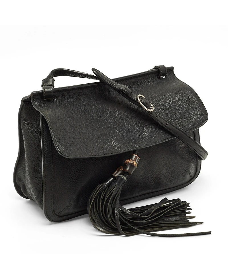Pre-Owned Gucci Women's Bamboo Daily Tassel Pebbled Leather Shoulder Bag